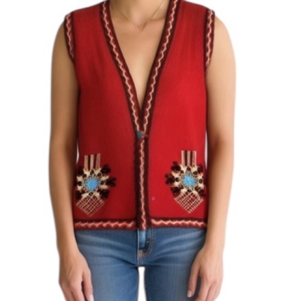 Vintage 70’s Hand Made Folk Art Floral Embroidered Knit Sweater Vest Size L